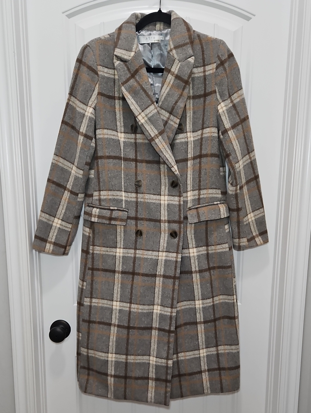 Astr The Label Brown and Grey Plaid Double-Breasted Wool Blend Long Coat XS